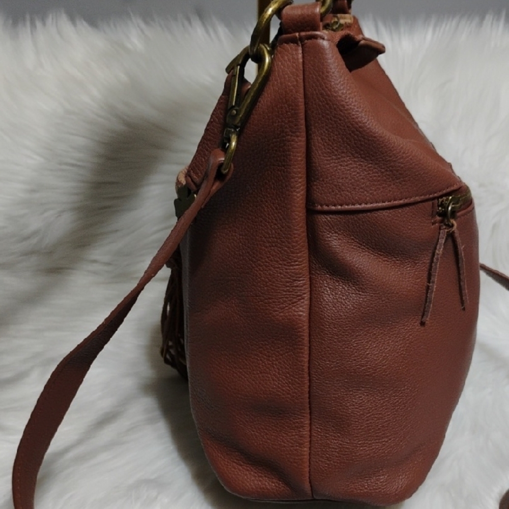 SALE! Lucky Brand Carmen Brown Leather Tassel Hobo/Bucket Shoulder Bag - Picture 7 of 15